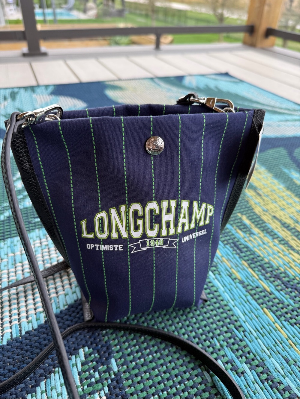 Longchamp Navy Crossbody with Green Pinstripes - Picture 2 of 4